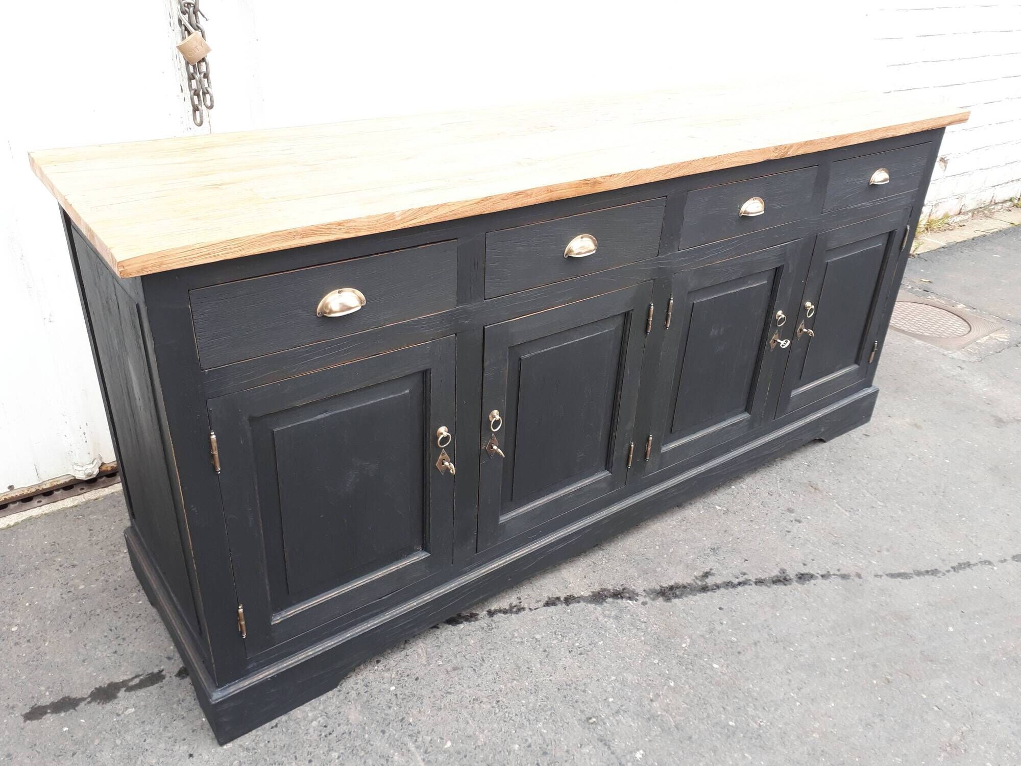 Industrial buffet four doors and four drawers black handles brushed brass patina