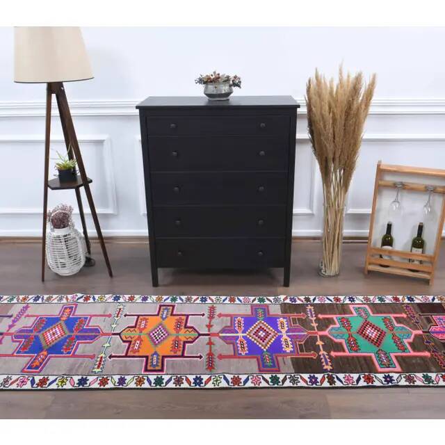 Vintage Turkish Hand-Knotted Wool Cotton Brown Runner 81x347
