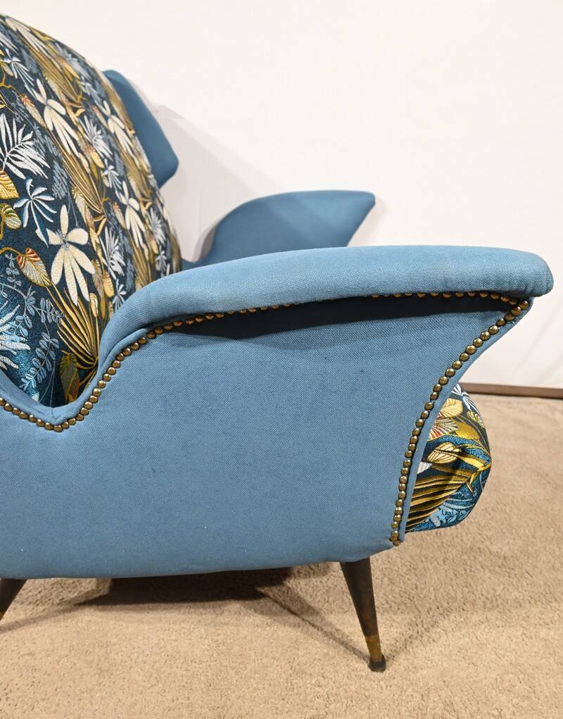 2-Seater Bench in Azure Blue Fabric – 1940s