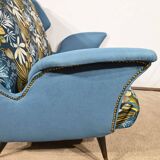 2-Seater Bench in Azure Blue Fabric – 1940s