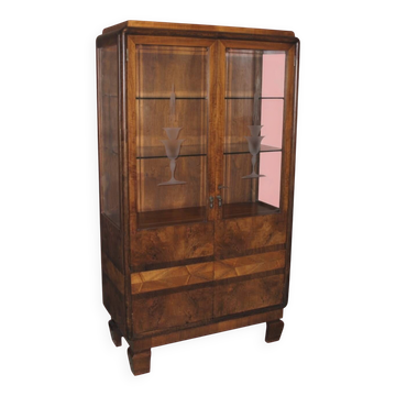 Vitrine Art Déco en ronce de noyer et verre gravé, années 1920