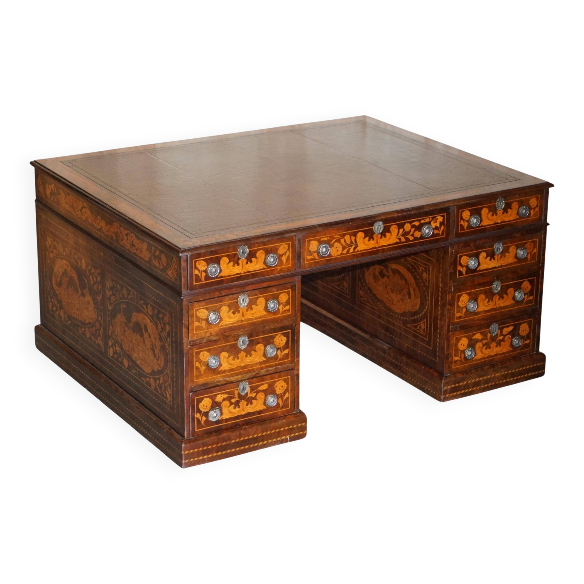 Bureau à caissons jumelés double face avec marqueterie hollandaise antique