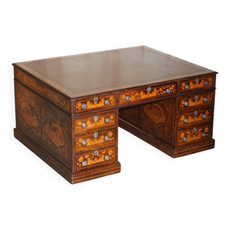Double-sided desk with twin drawers featuring antique Dutch marquetry.