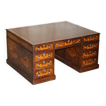 Double-sided desk with twin drawers featuring antique Dutch marquetry.
