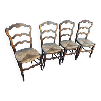 Set of 4 Louis XV straw chairs – solid wood – curved backrest