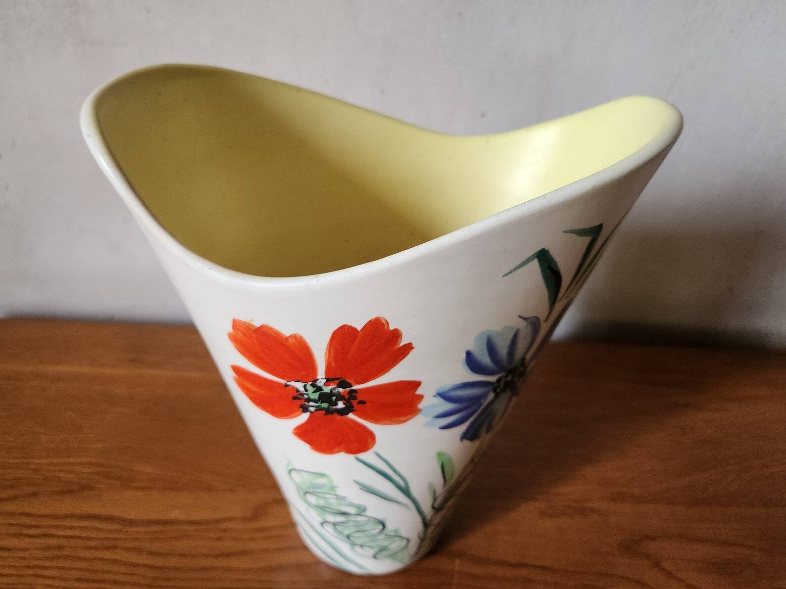 Vintage Vallauris 1960s Studio Art Vase Hand Painted Flowers & Yellow