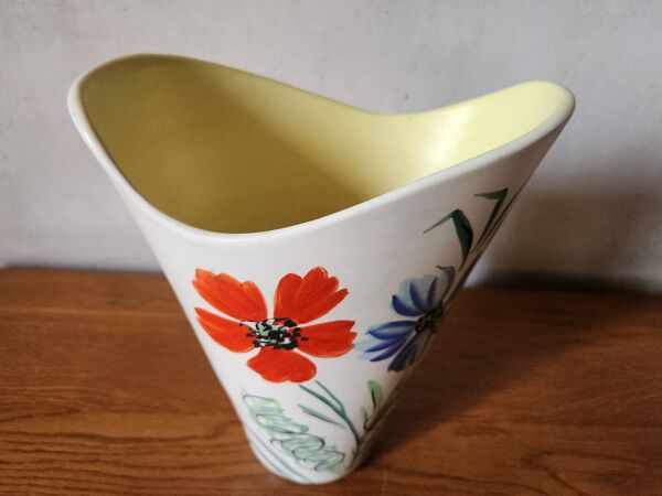 Vase vintage Vallauris années 1960, peint à la main, fleurs et jaune