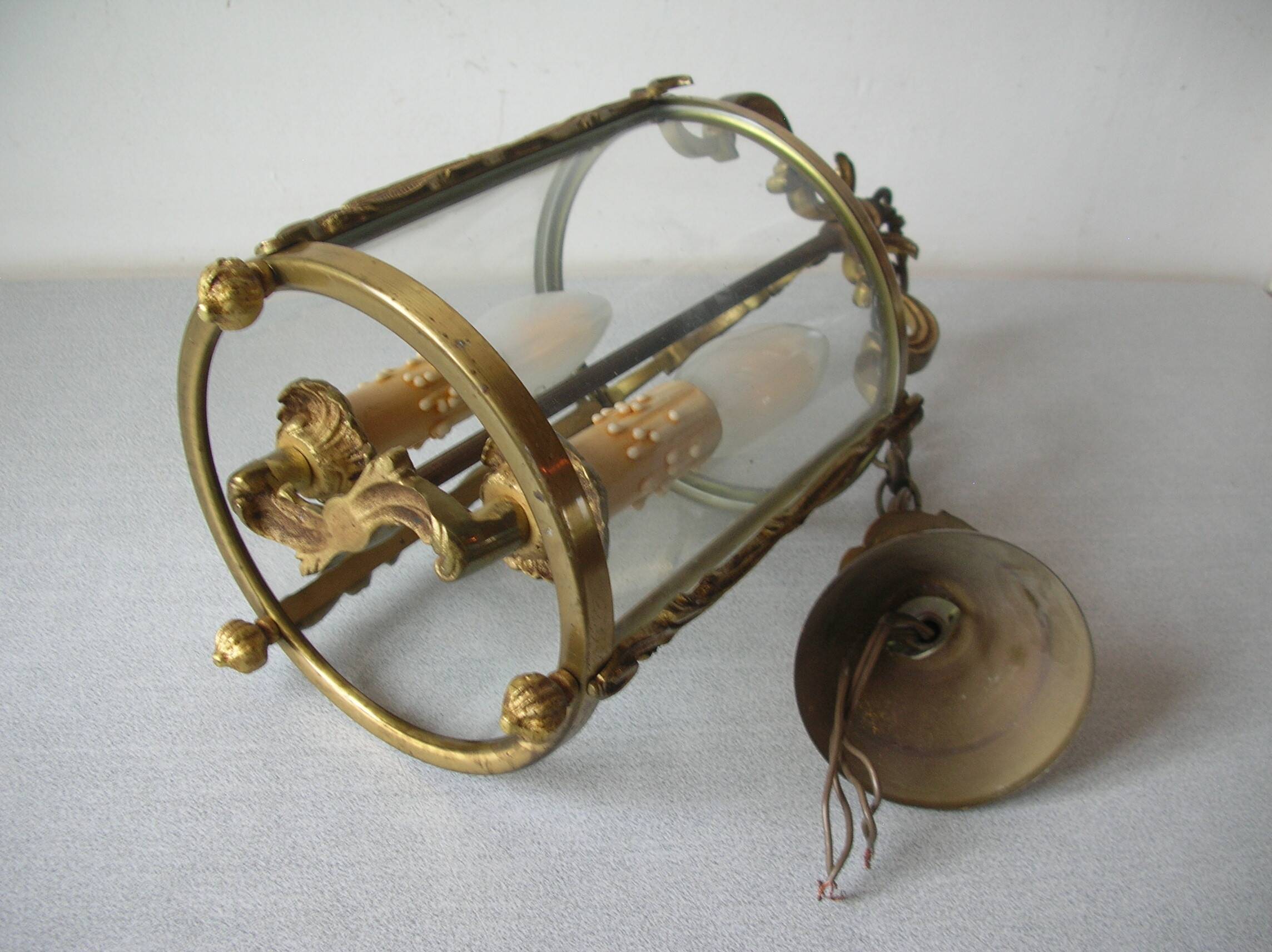 Old pendant lantern light fixture 2 lights in bronze glass decoration hall entrance