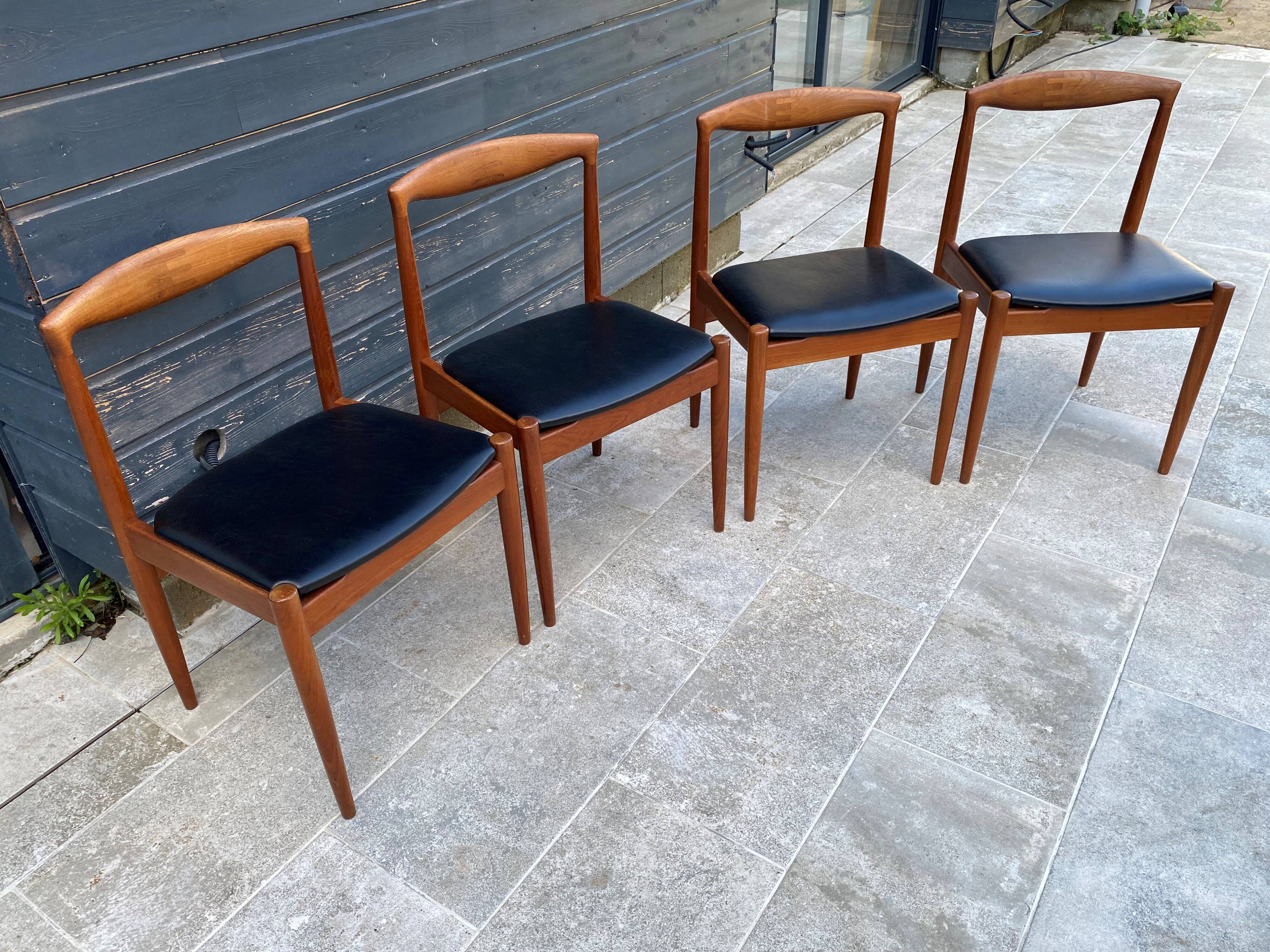 Set of 4 Scandinavian chairs by Johannes Andersen, Vamo Sonderborg, teak and imitation leather, 1960