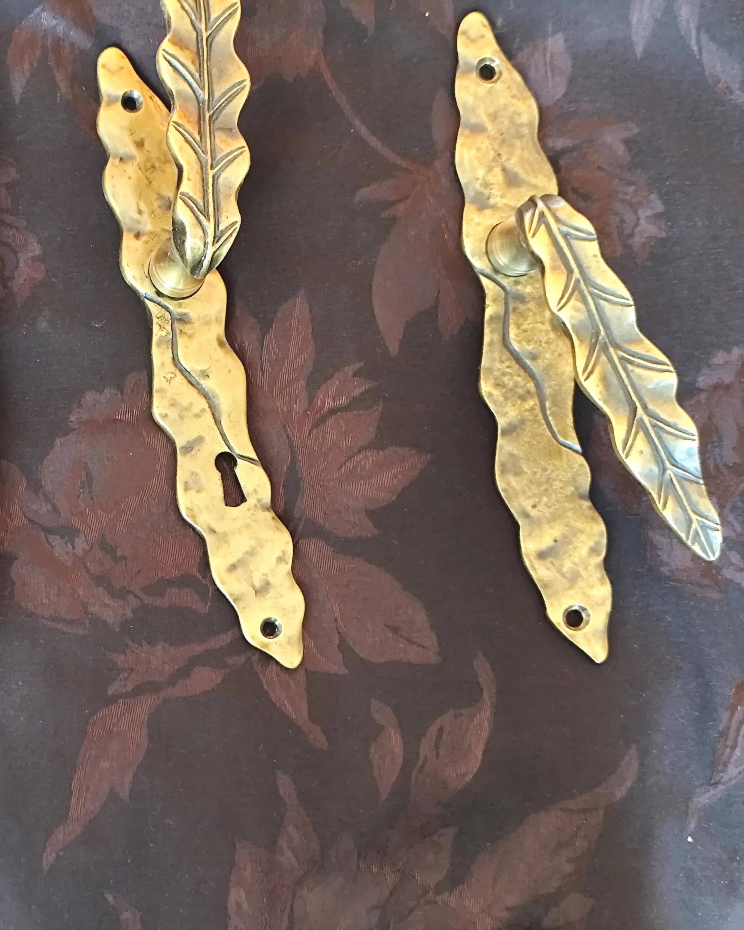 Pair of brass door handles with their cover plates