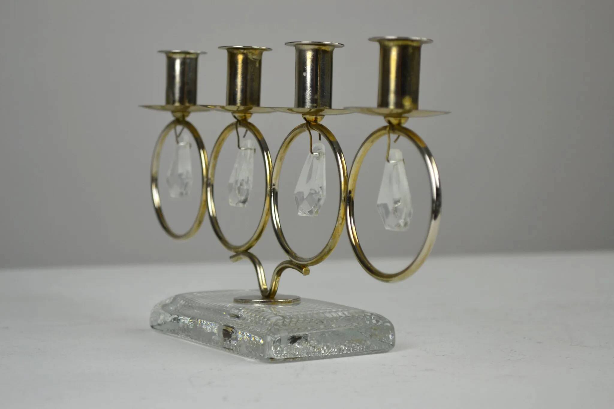 Brass Candelabra with Art Glass Base and Glass Prisms by Gunnar Ander for Ystad-Metall, Sweden, 1950s