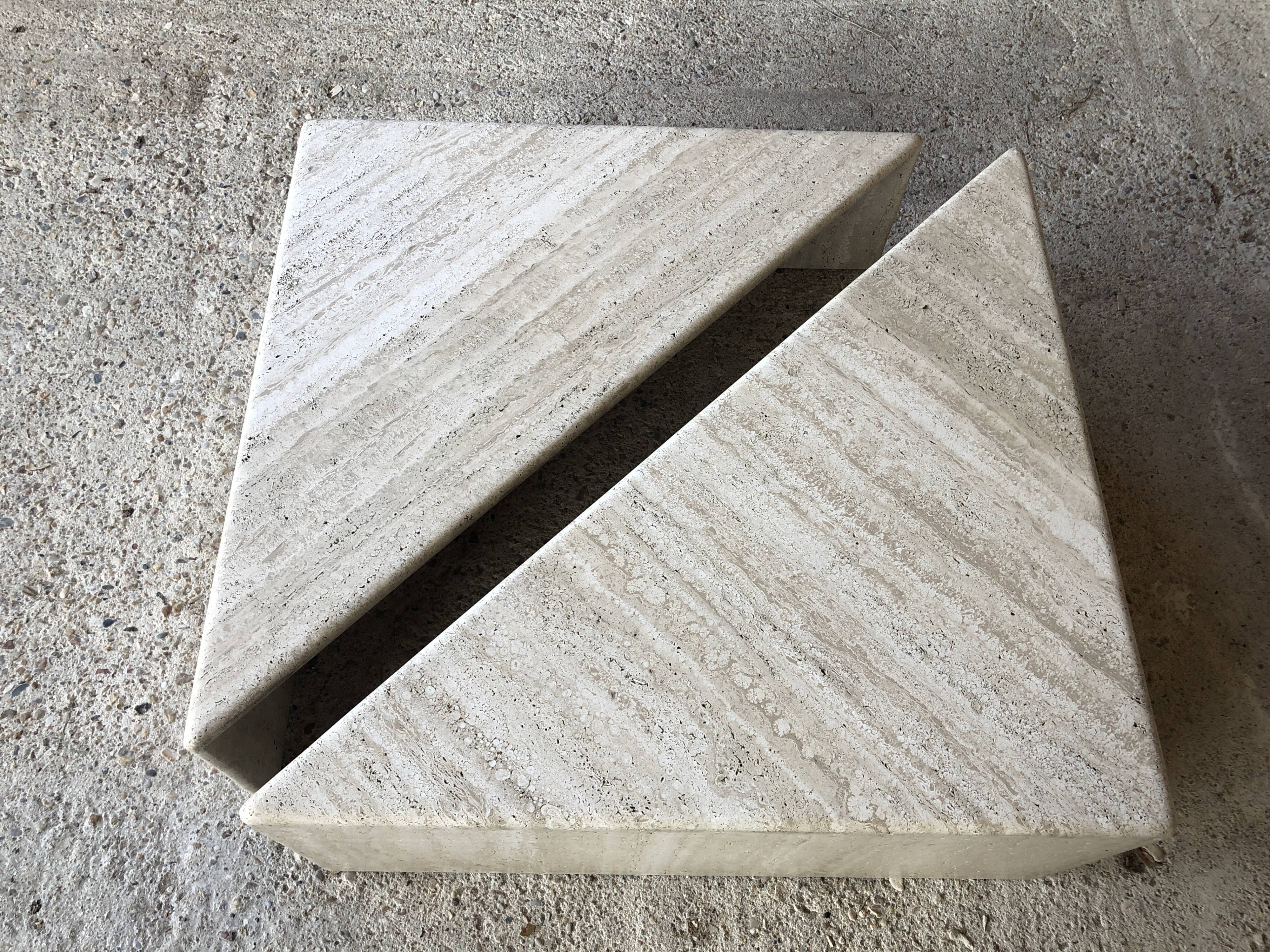 Pair of triangular coffee tables in travertine, Italy circa 70 / 80