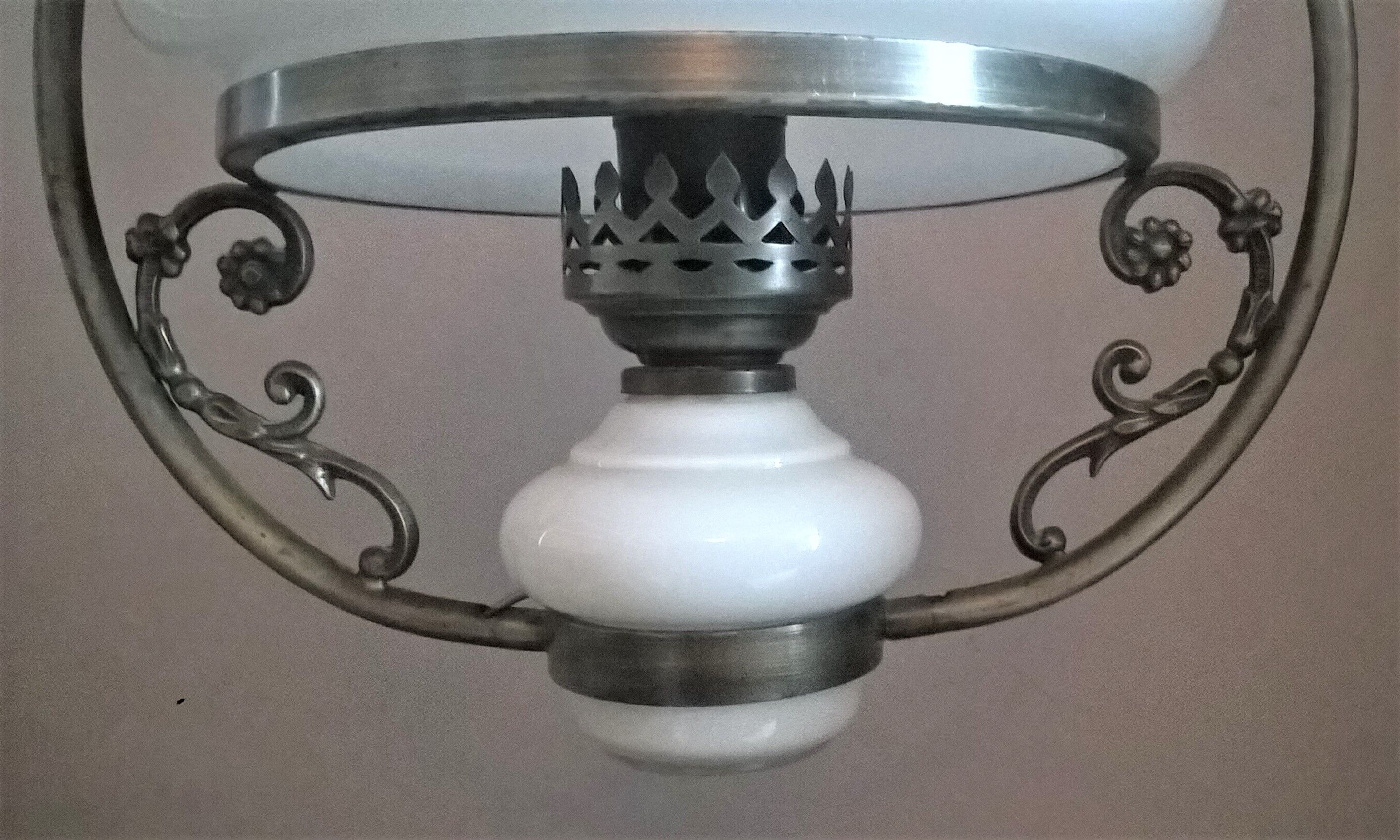 Chandelier in opaline, aged chiseled metal, 70