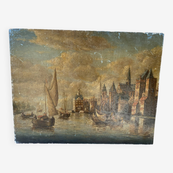 Old wood painting representing a port
