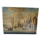 Peinture sur bois ancienne représentant un port