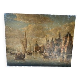 Peinture sur bois ancienne représentant un port