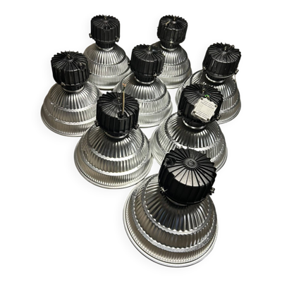 Lot de 8 grandes suspensions d'usine XXL – Aluminium et verre prismatique j