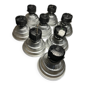 Set of 8 large XXL factory pendants – Aluminium and prismatic glass
