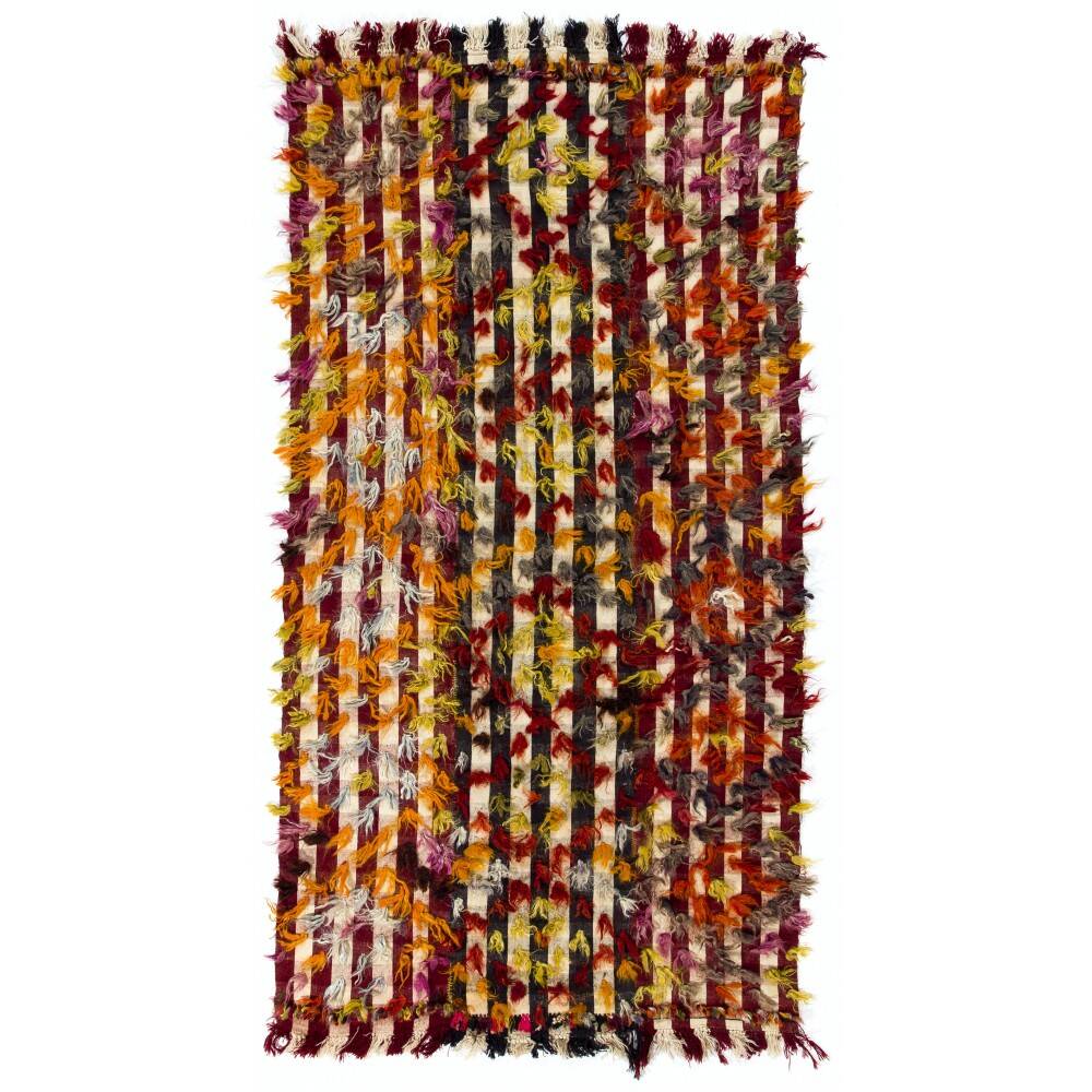 Vintage Turkish Kilim Rug with Colorful Pom Poms, Bed and Sofa Cover