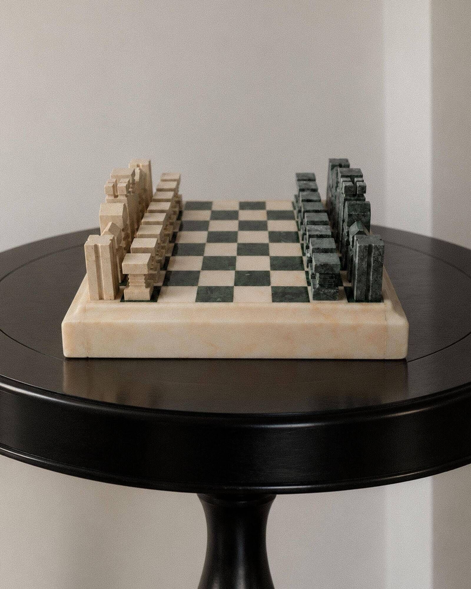 Vintage marble chess set from the 1970s, green and beige stone board, heavy design, geometric pieces, sculptural tabletop game, gift idea.