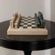 Vintage marble chess set from the 1970s, green and beige stone board, heavy design, geometric pieces, sculptural tabletop game, gift idea.
