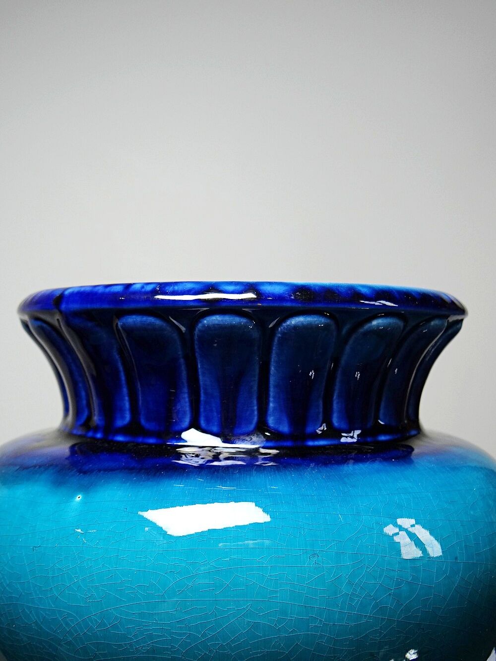 Turquoise & cobalt blue glazed earthenware vase/cache-pot by D. Dinis, 1960s-80s.