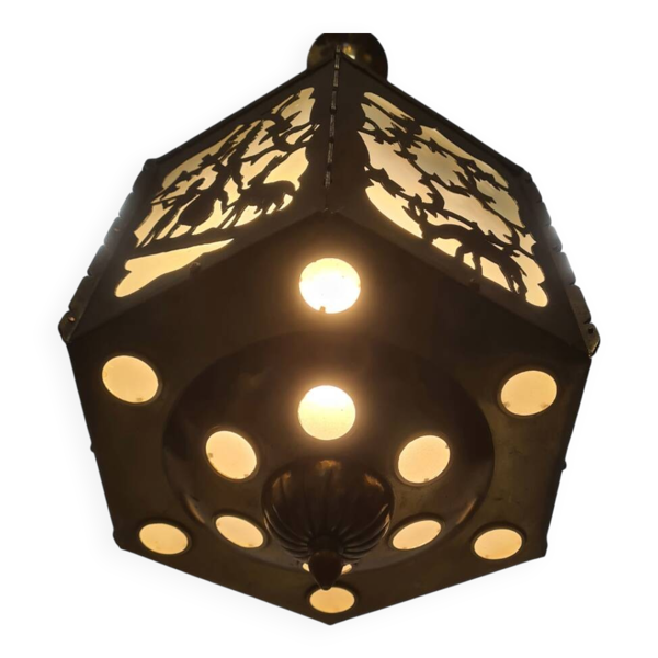 Lampe à suspension antique en laiton scié ajouré, début des années 1900