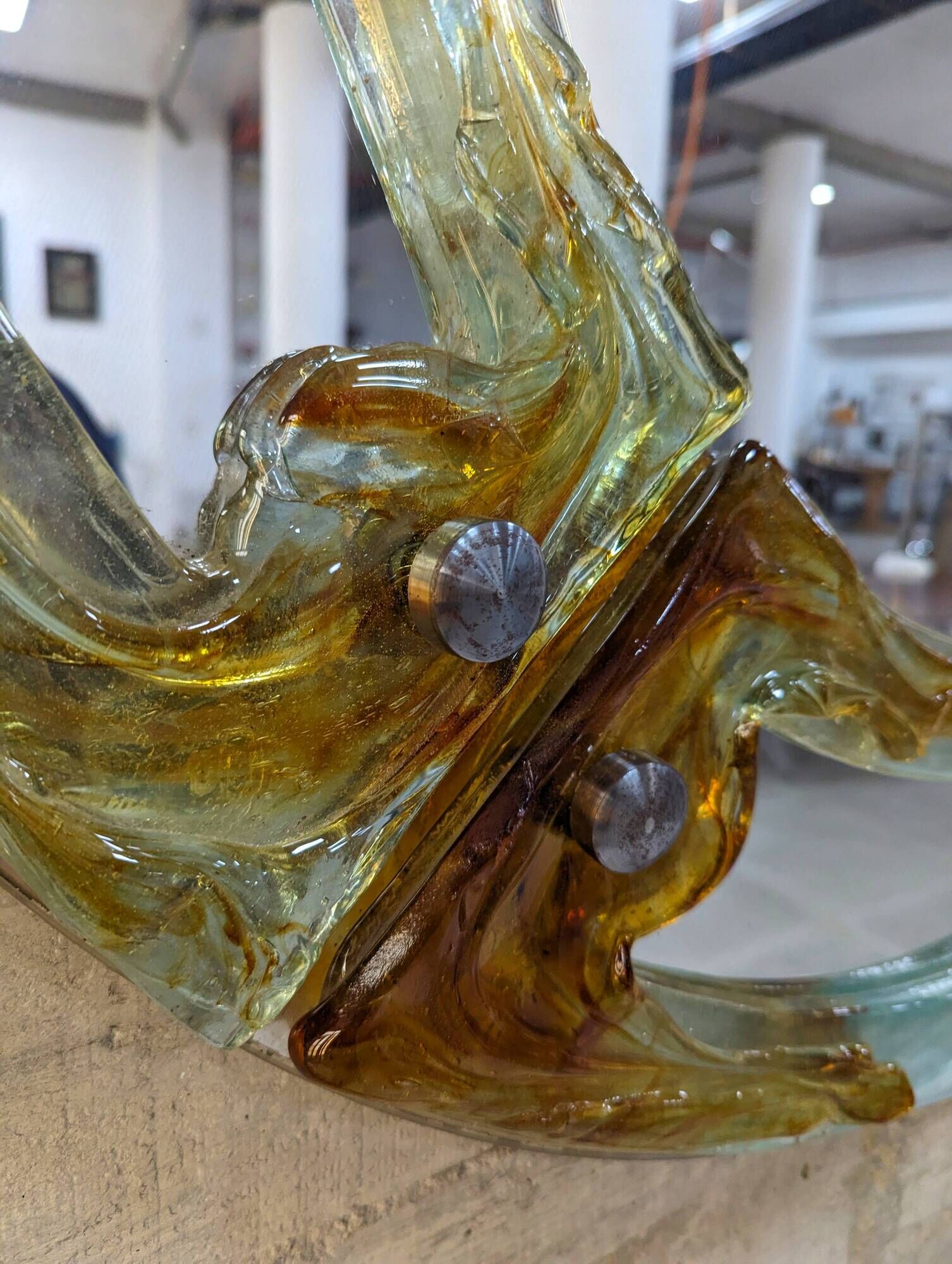 Venetian round mirror in amber murano glass by Mazzega 1960s