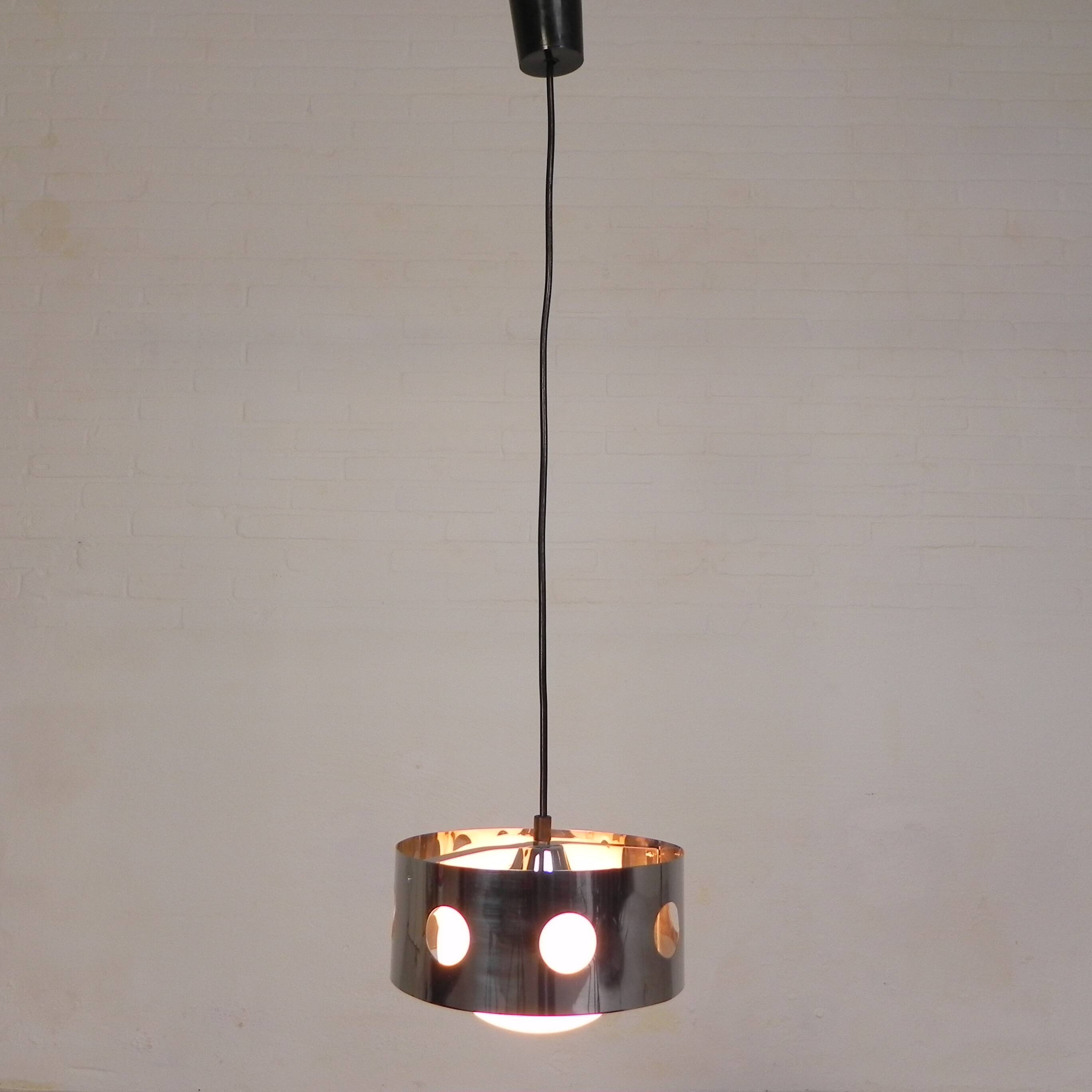 Vintage pendant lamp with chrome cylinder and glass globe