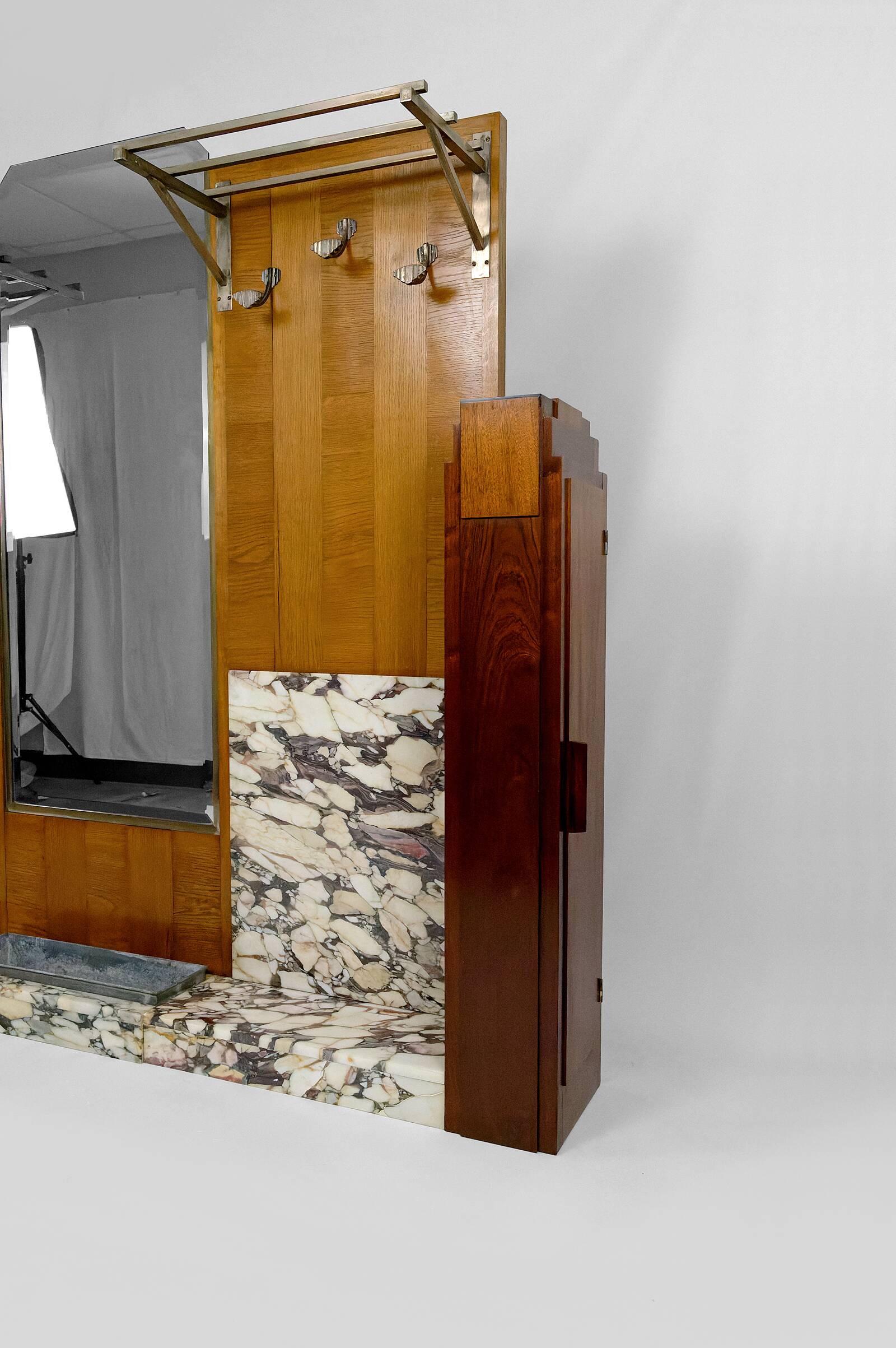 Large Art Deco wardrobe in oak, marble and mahogany, circa 1925