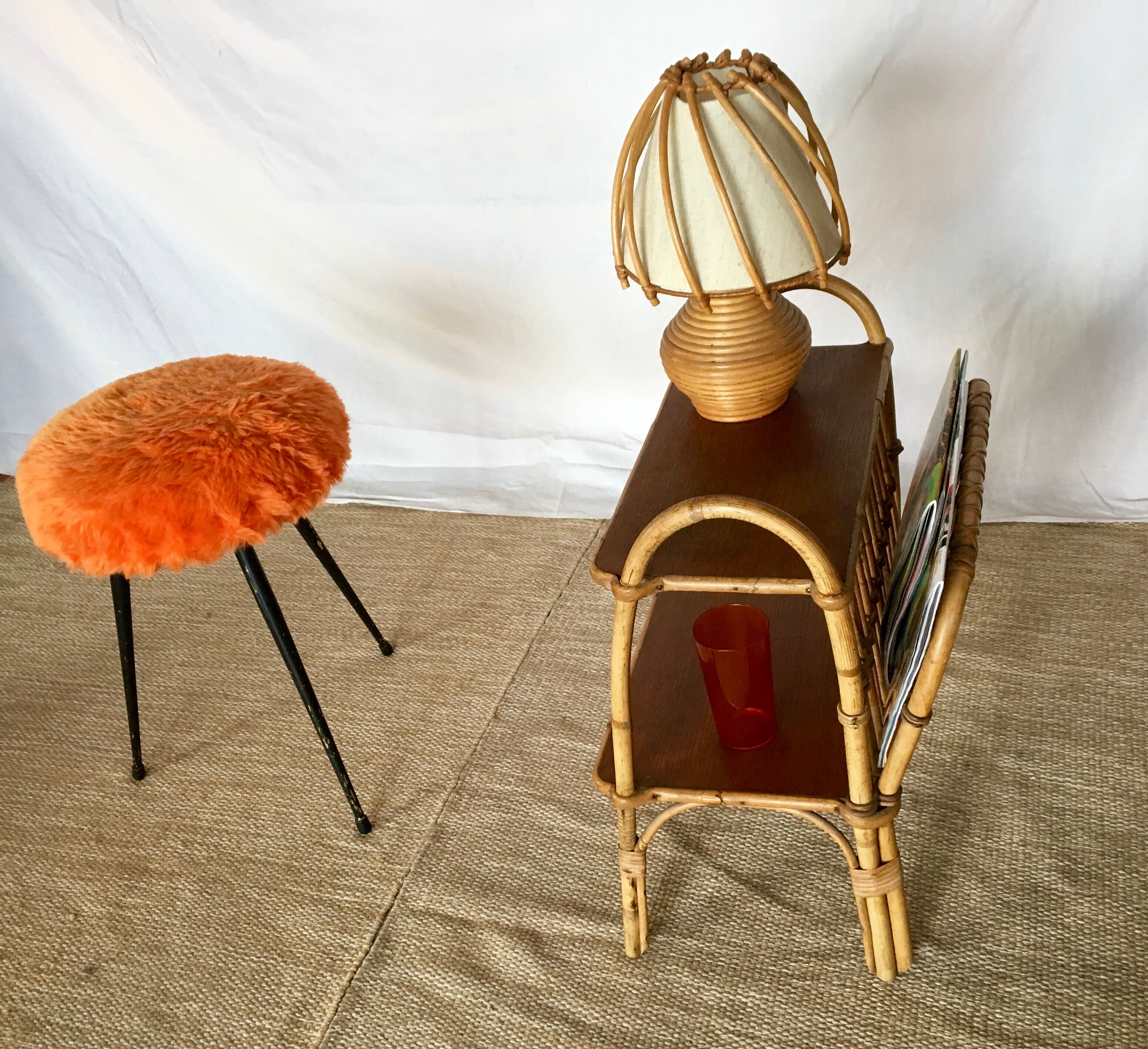 Side table with rattan magazines rack