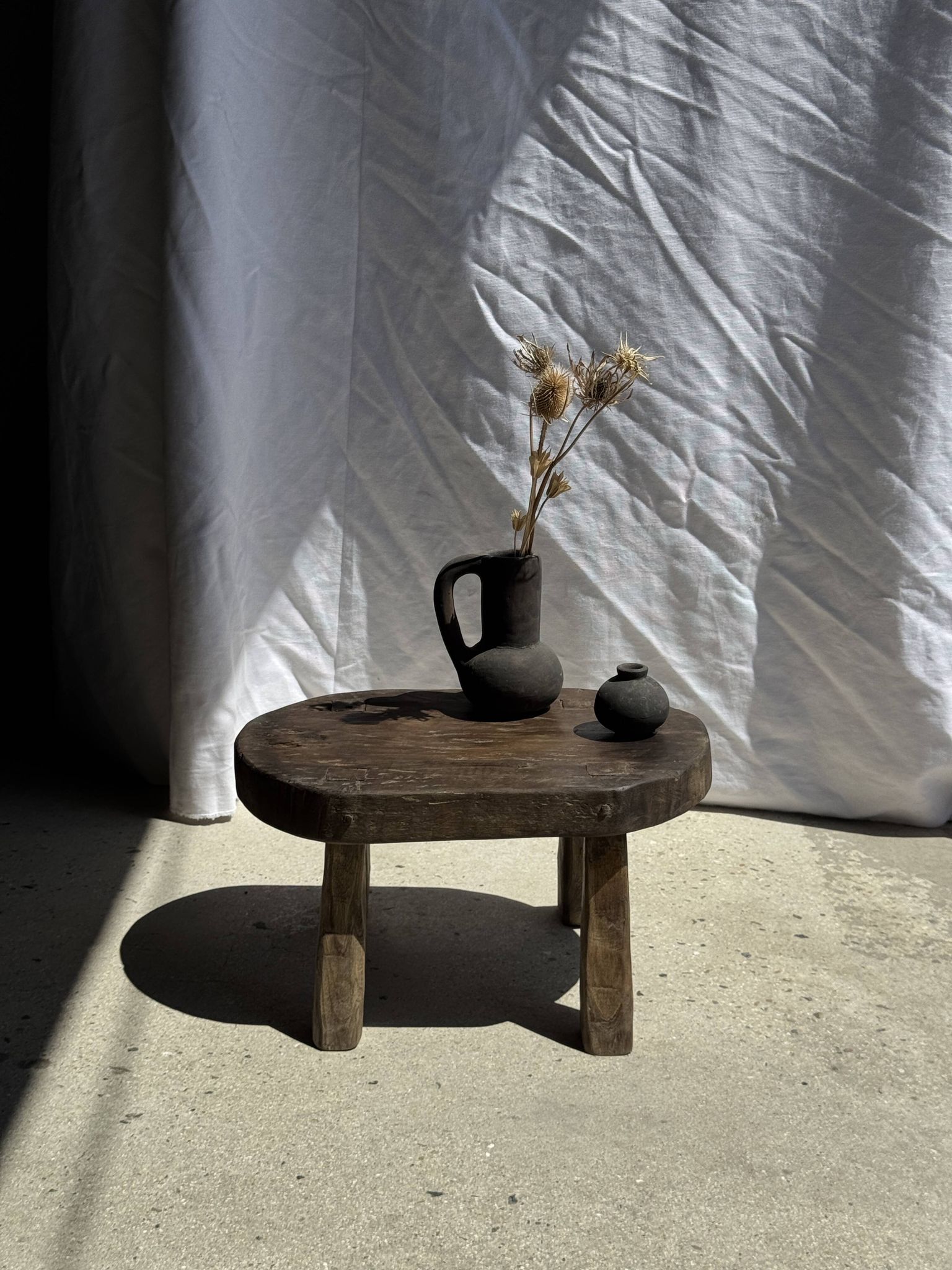 Small stool, oval solid teak accent stool wabi-sabi H26 47x33.