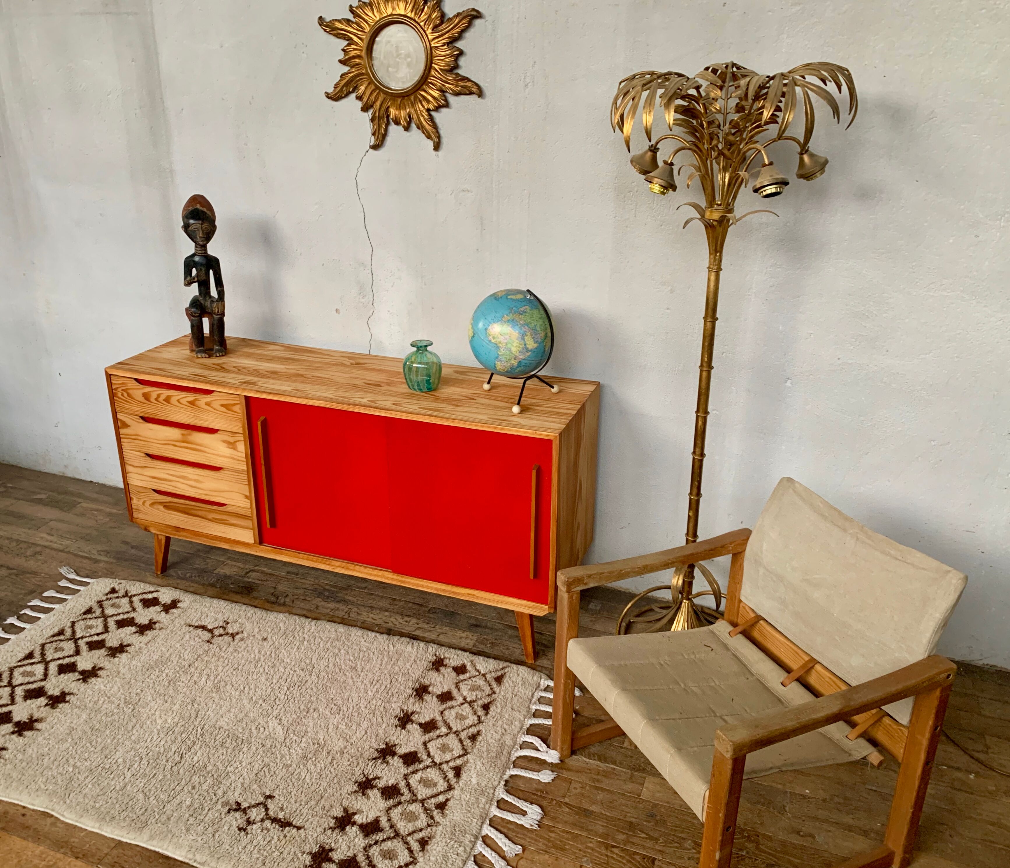 Enfilade vintage moderniste pieds compas 150 cm années 1950