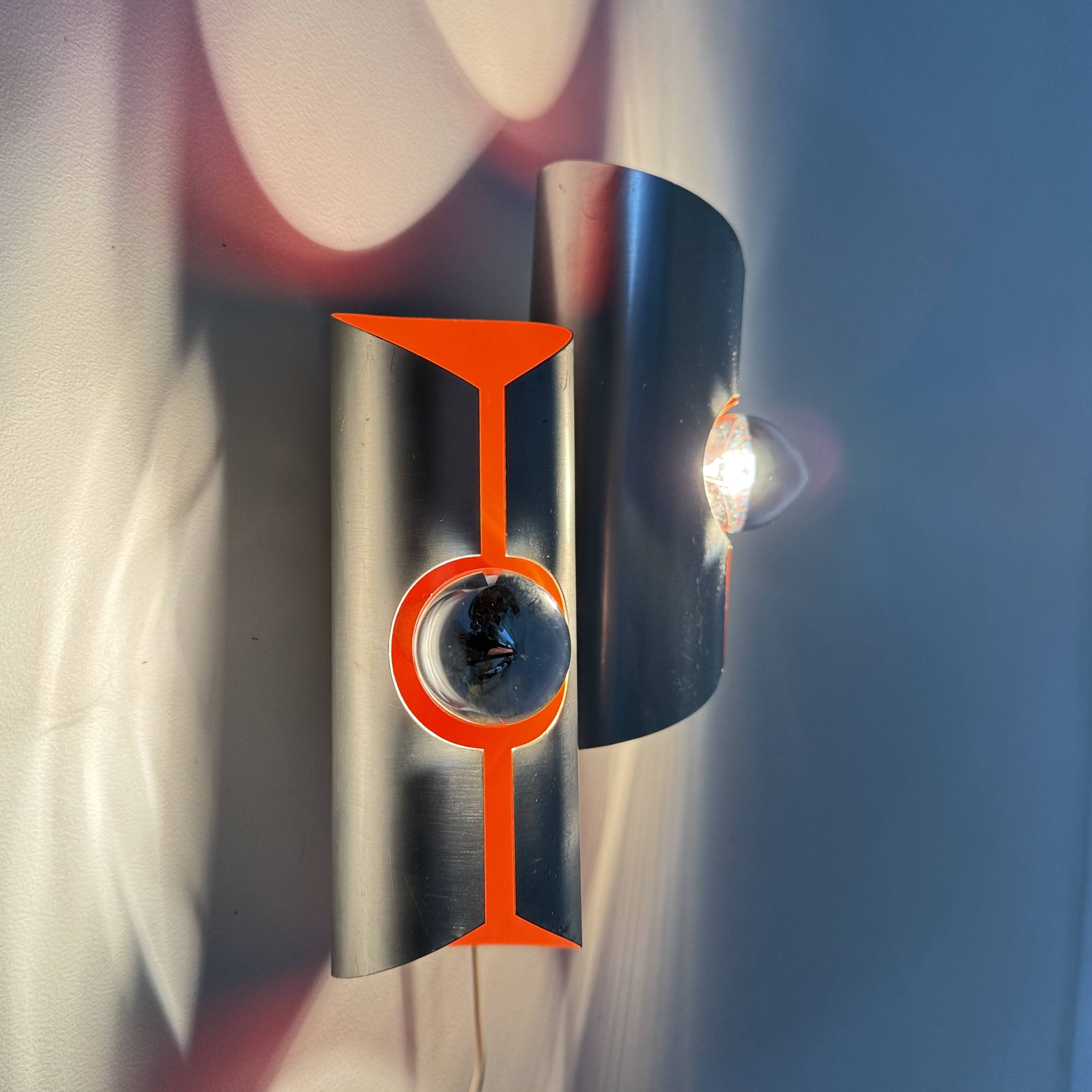 Space age aluminium with orange inside wall lamp sconce , 1970s