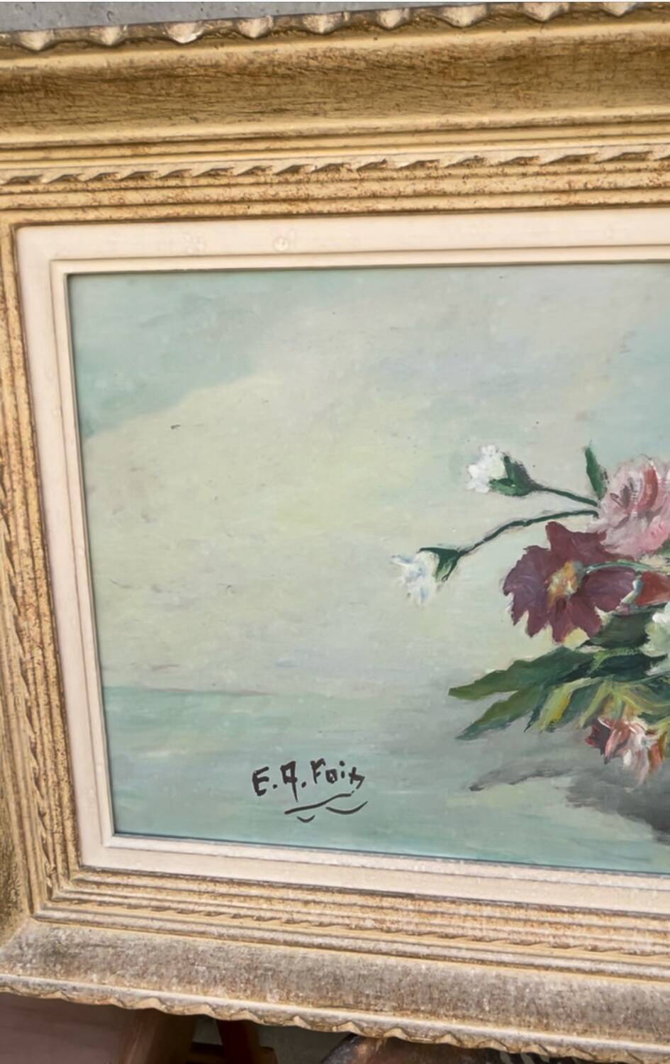 Large vintage painting of a bouquet of flowers signed EA Foix