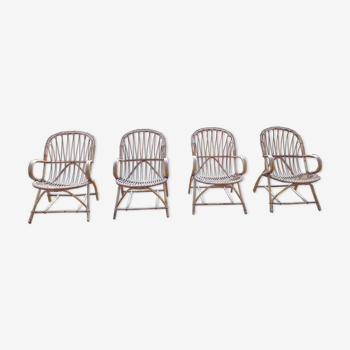 Lot of 4 rattan and bamboo chairs from the 60s