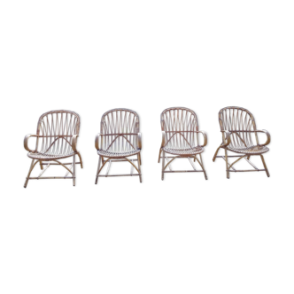 Lot of 4 rattan and bamboo chairs from the 60s