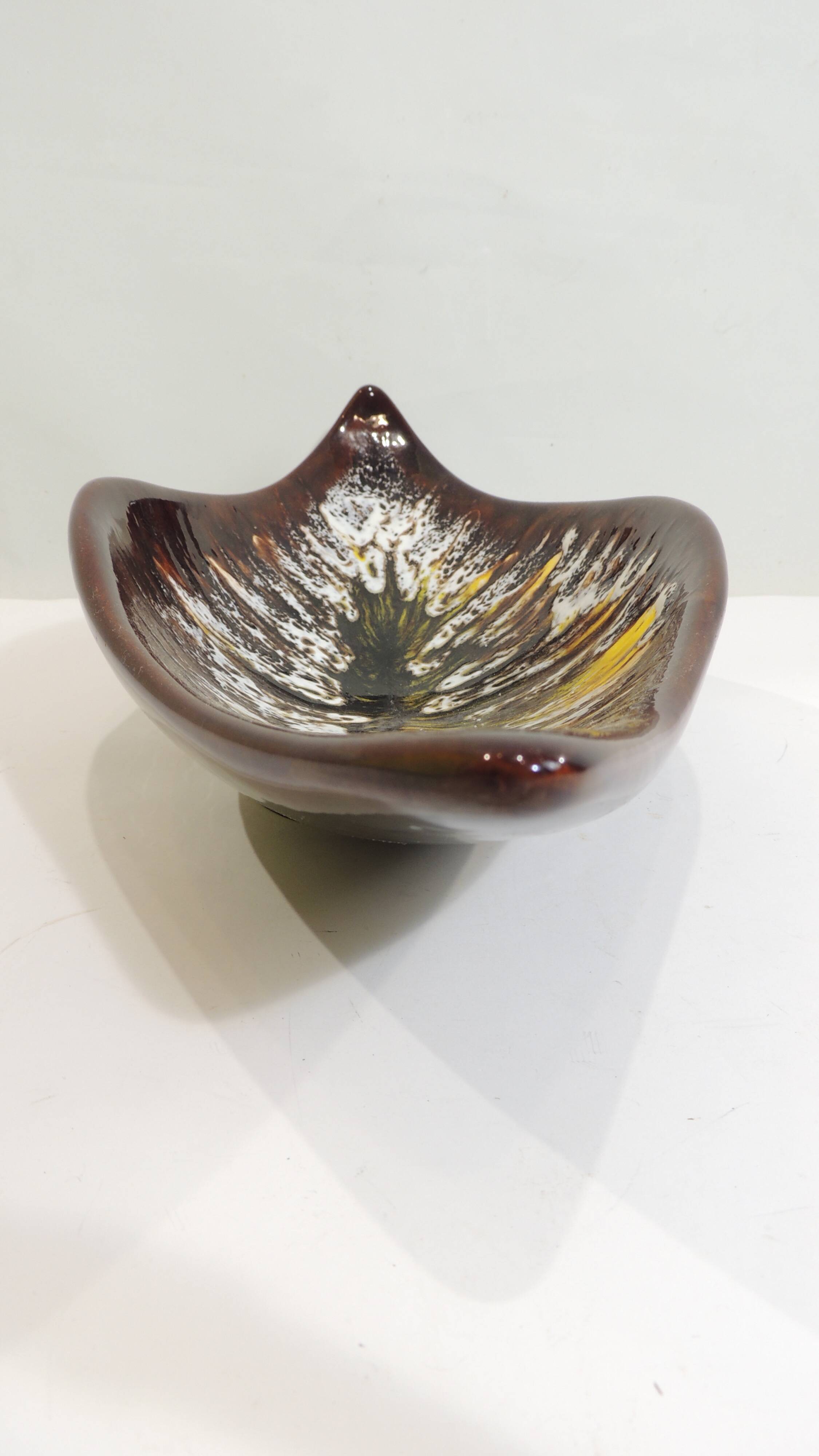 Vintage decorative dish in brown and yellow glazed ceramic from the 70s