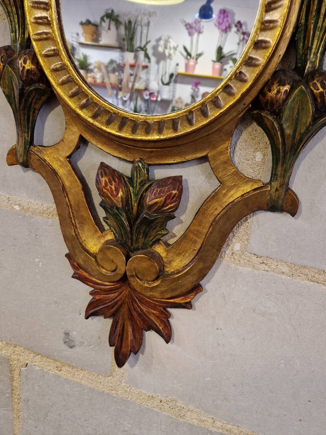 Antique Italian Polychrome Carved Wooden Mirror