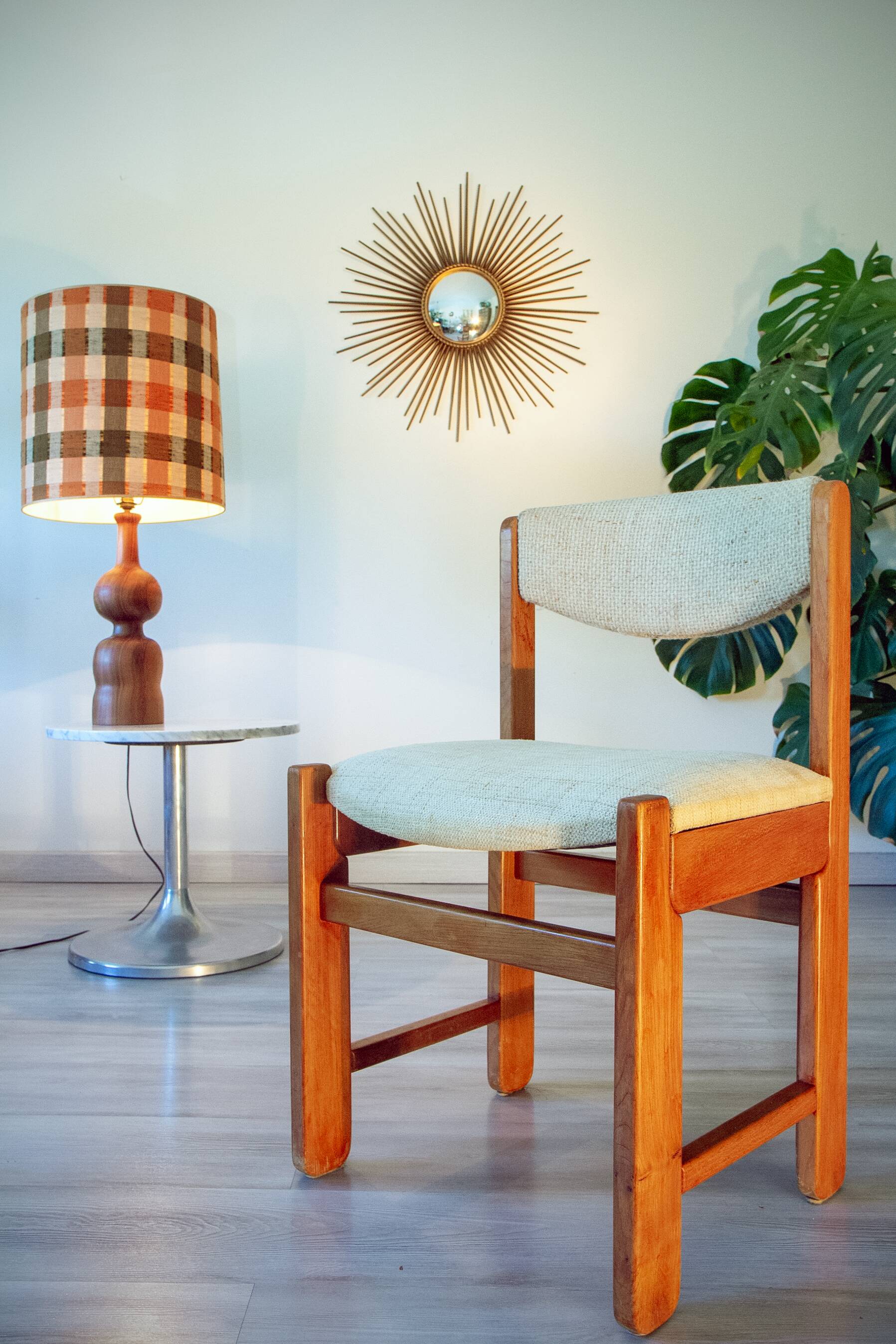 Chair in elm and wool, 1980s.