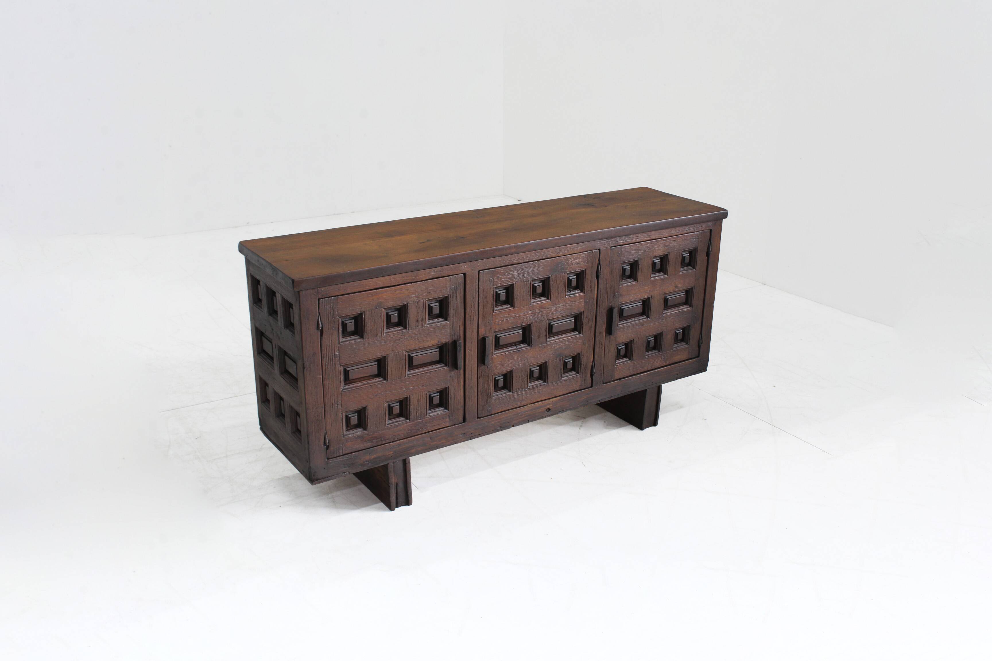 Vintage Brutalist Spanish carved sideboard credenza