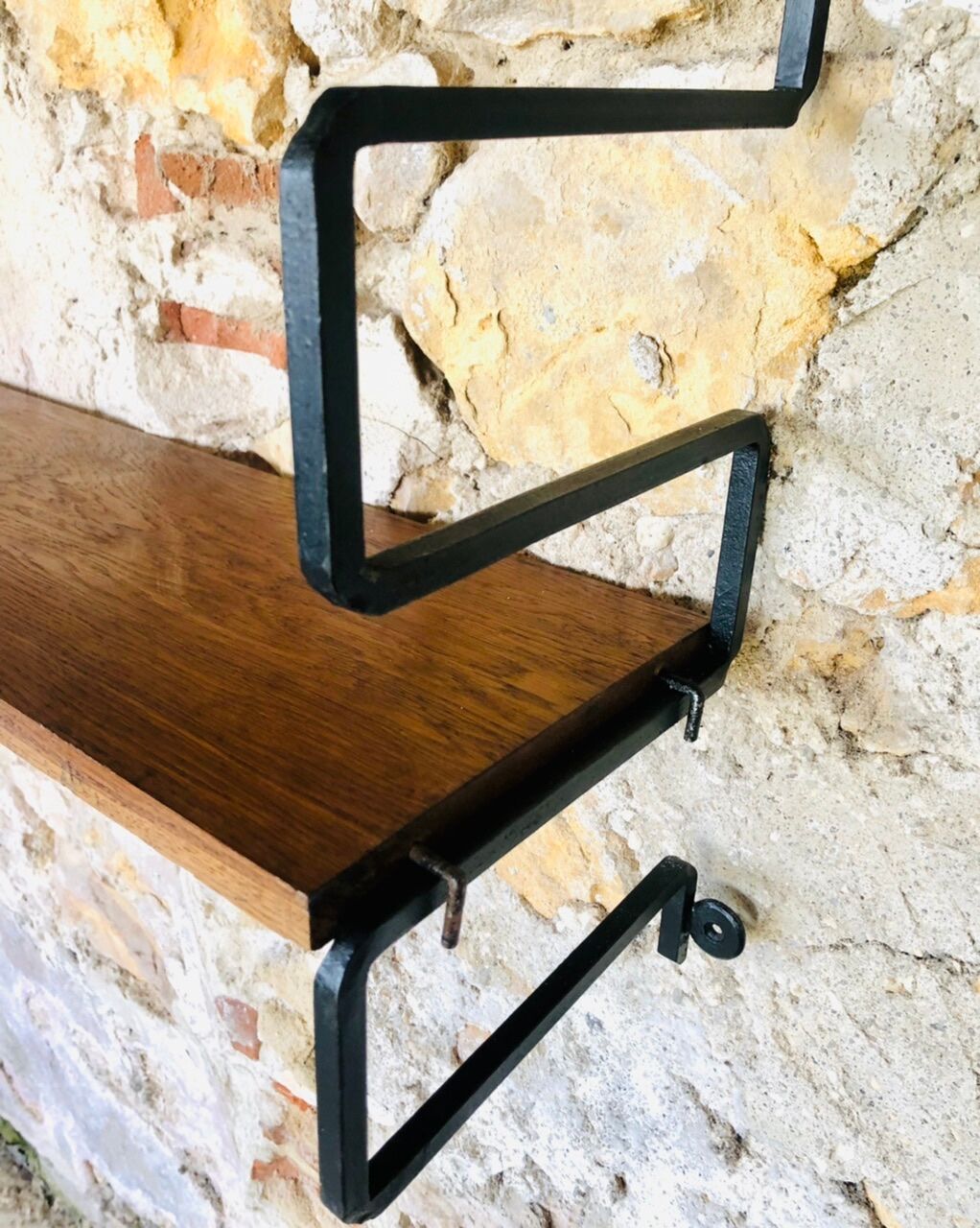 Vintage metal and wood wall shelf, Scandinavian circa 60