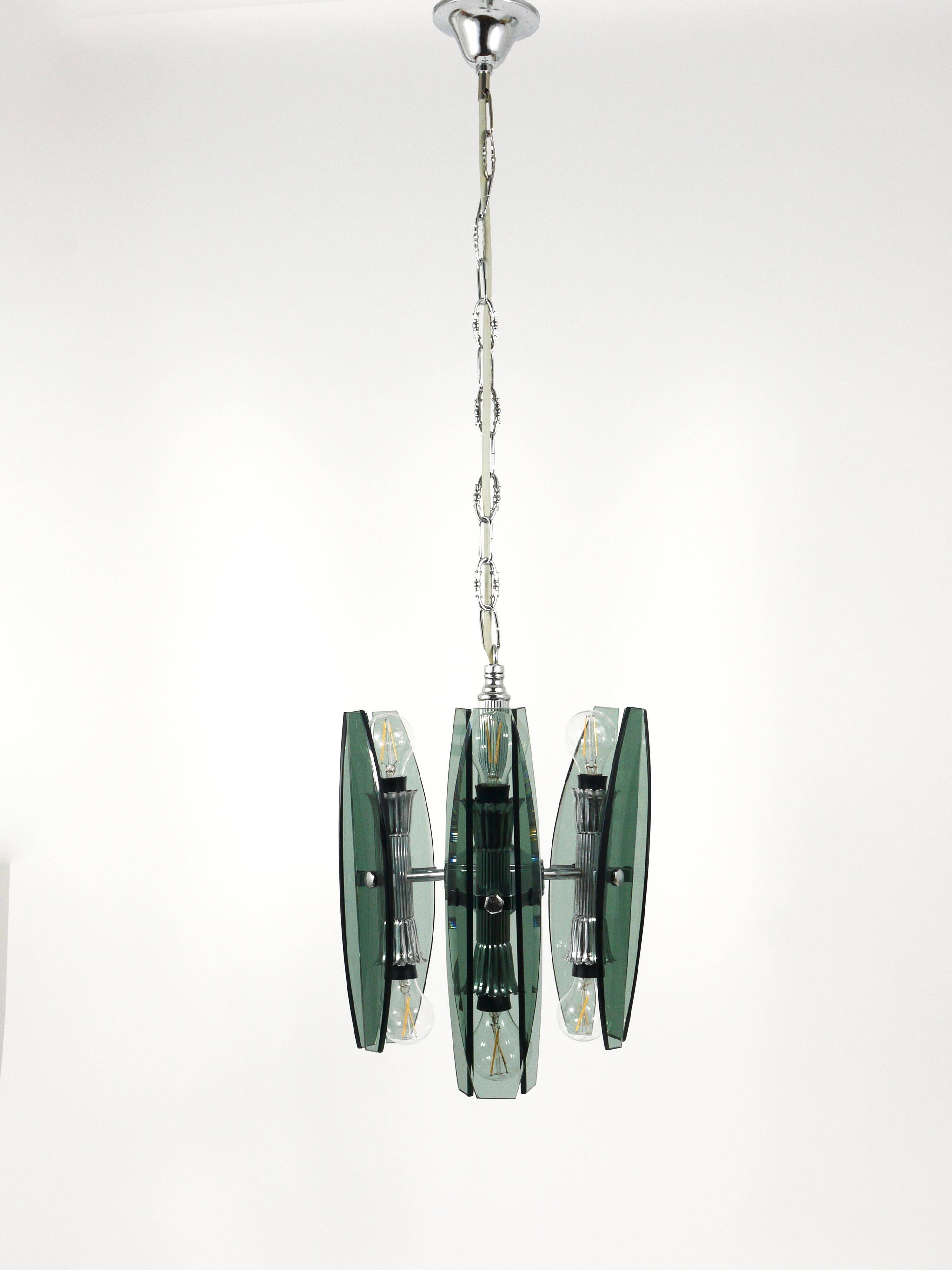 Glass and chrome suspension light in Fontana Arte style by Veca Murano, Italy.