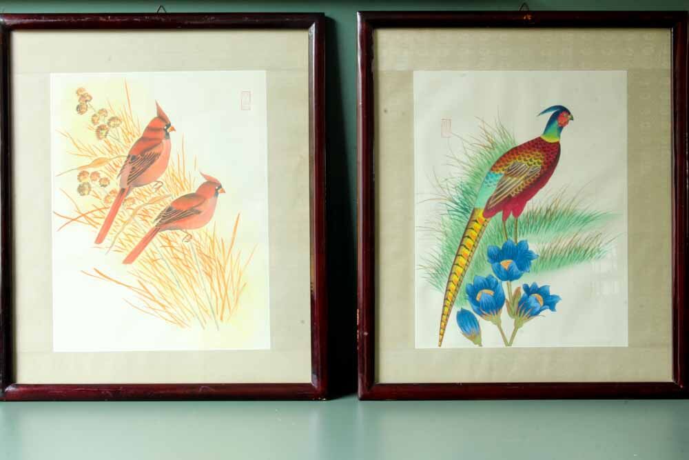 Antique asian painting on rice paper in high quality wood frames, c 1910s