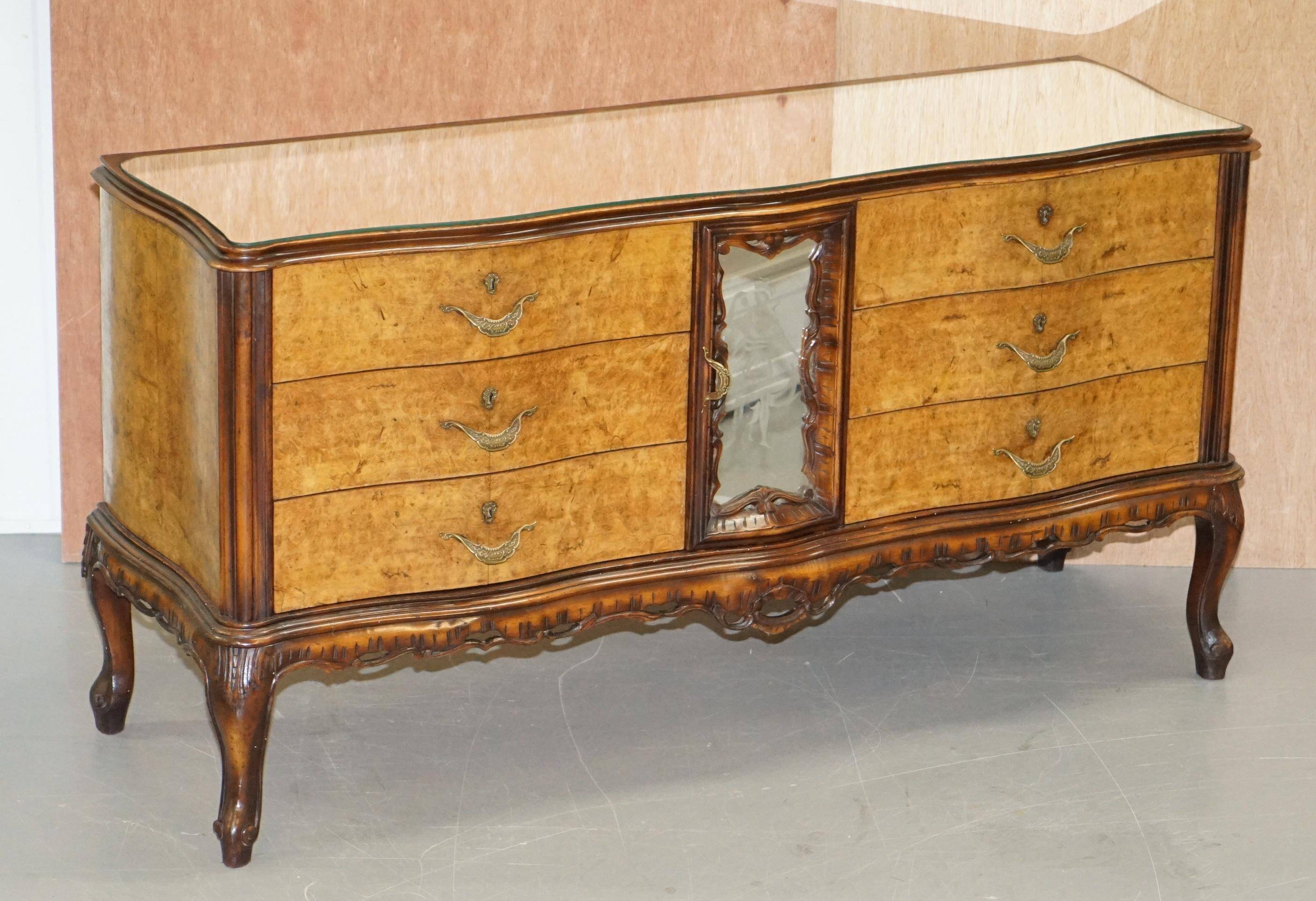 Vintage Italian Buffet in Walnut with Serpentine Front and Mirror Top