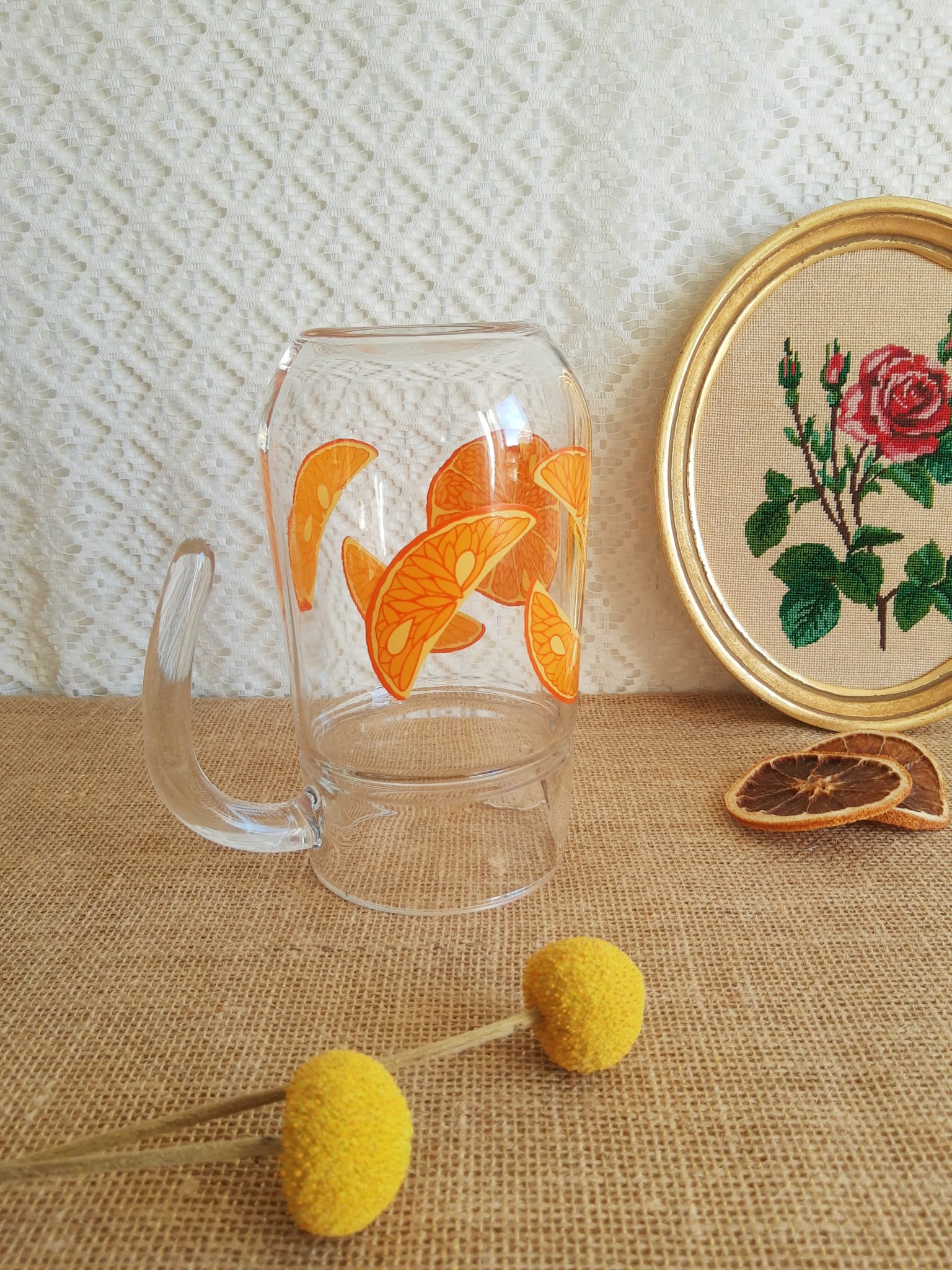 Vintage orange fruit pattern glass carafe