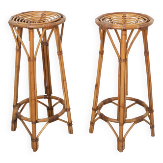 Ensemble de 2 tabourets de bar vintage en rotin et bambou, années 1960