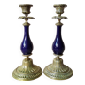 Pair of bronze and Sèvres blue porcelain candlesticks End of 19th century