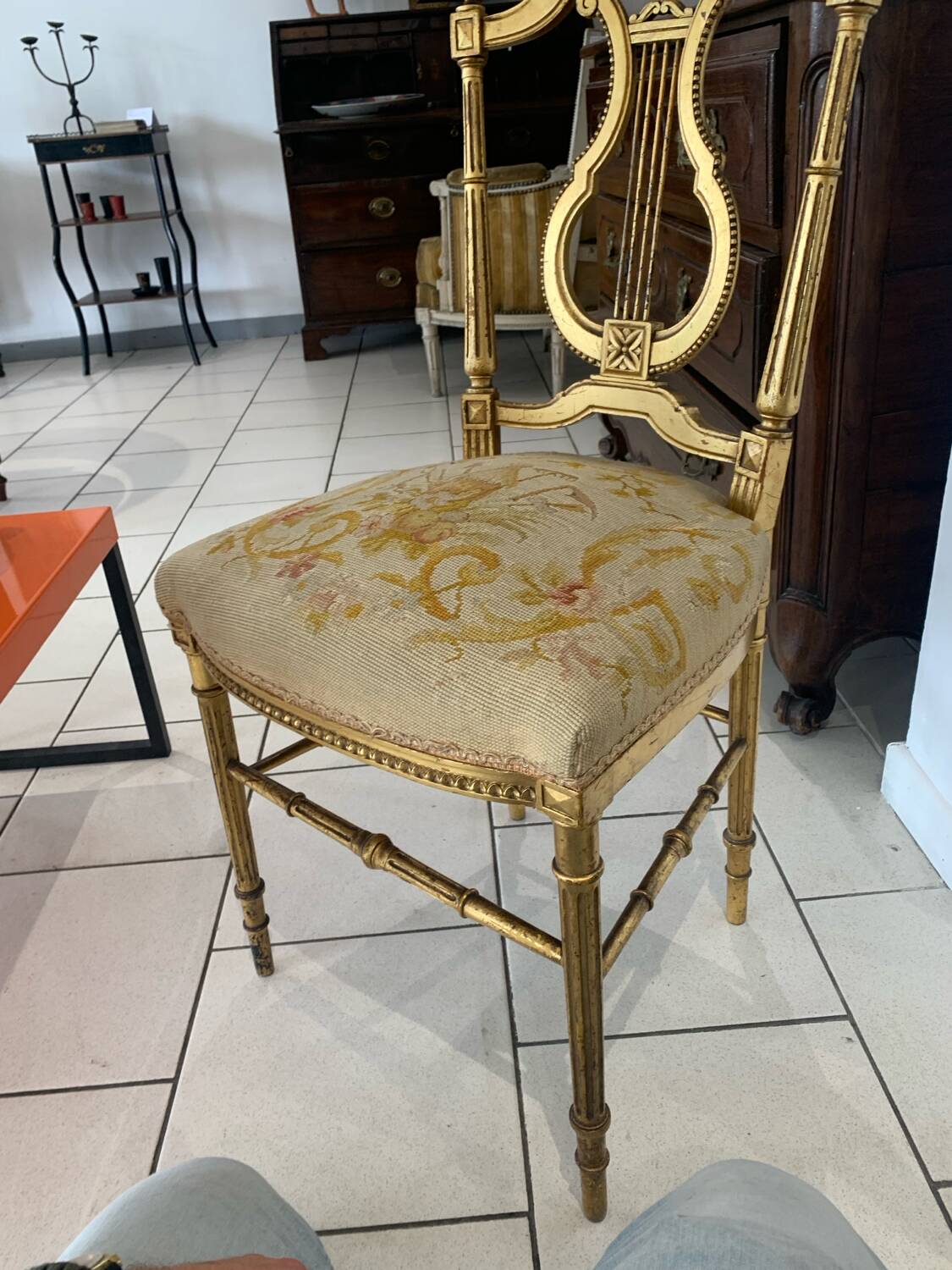 Old Lyre Ballroom Chair, Gilded Wood, Old Tapestry