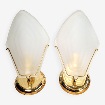 Pair of gold wall lamps and frosted glass